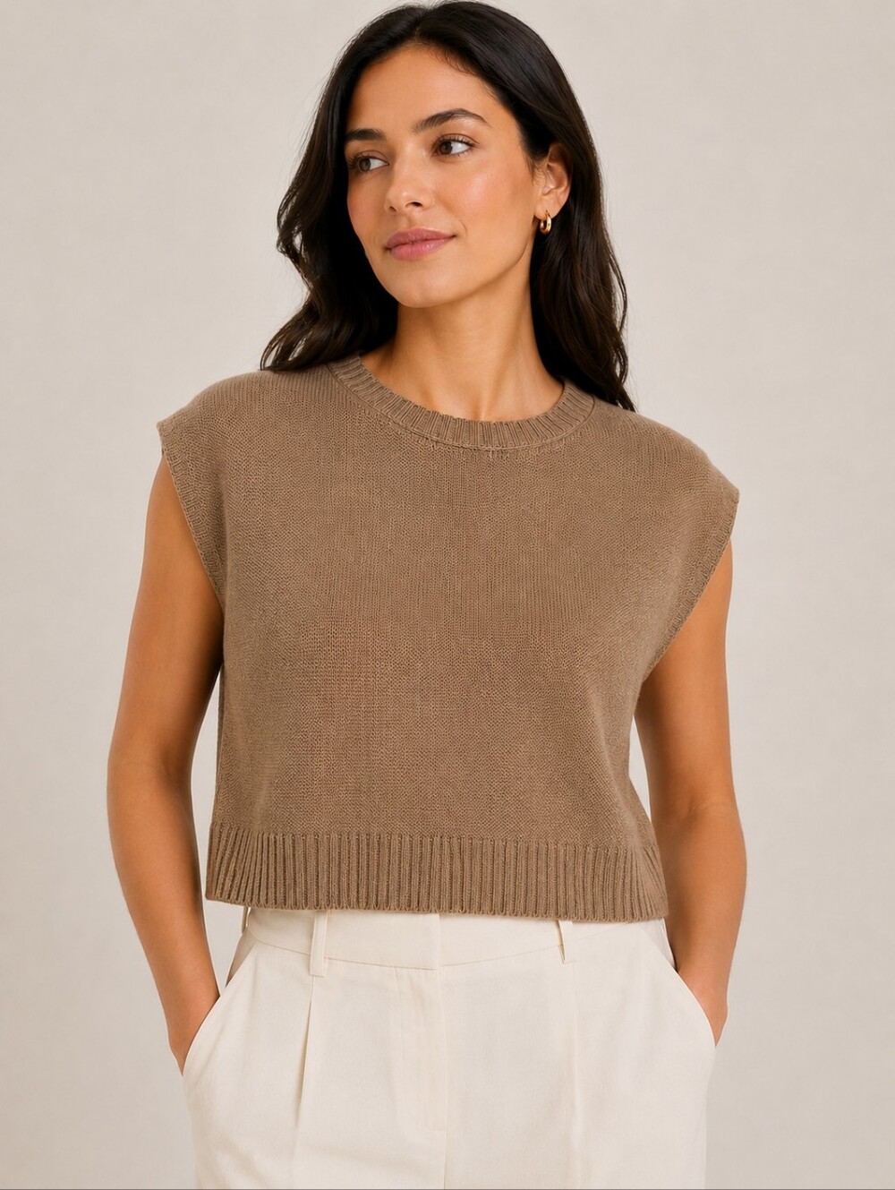 🌾🤎NWOT LOFT Camel Cropped Sweater Vest Boxy Sleeveless Knit Top Minimalist MED
